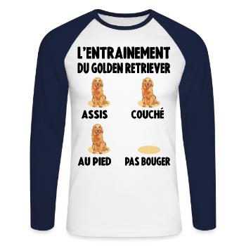 Éducation Chien Entraînement Du Golden Retriever - T-shirt baseball manches longues Homme - blanc/marine - Devant - Nik (191cm)