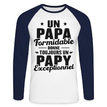 Papa Formidable - Papy Exceptionnel - T-shirt baseball manches longues Homme - blanc/marine - Devant - Nik (191cm)