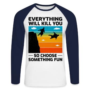 Wingsuit fliegen Base Jumping Fallschirmspringen Wingsuiting - Unisex Baseballshirt langarm - Weiß/Navy - Vorne - Nik (191cm)