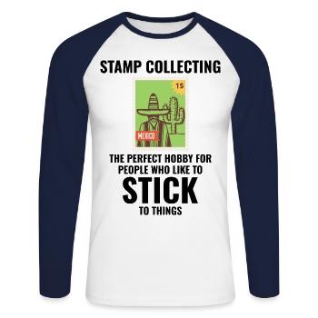 Philatéliste collectionneur collectionneur de timbres - T-shirt baseball manches longues Homme - blanc/marine - Devant - Nik (191cm)