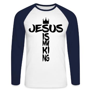 Jesus is King mit Kreuz und Krone - Unisex Baseballshirt langarm - Weiß/Navy - Vorne - Nik (191cm)