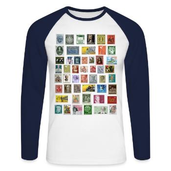 Gestaltung von Briefmarken - Unisex Baseballshirt langarm - Weiß/Navy - Vorne - Nik (191cm)