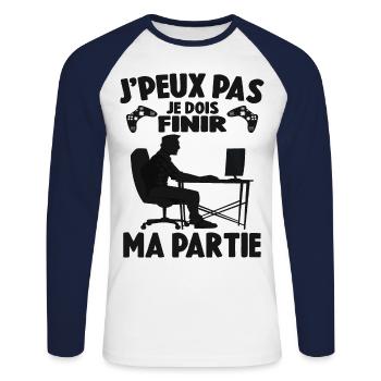 Attends Je Dois Finir Ma Partie Cadeau Geek - T-shirt baseball manches longues Homme - blanc/marine - Devant - Nik (191cm)