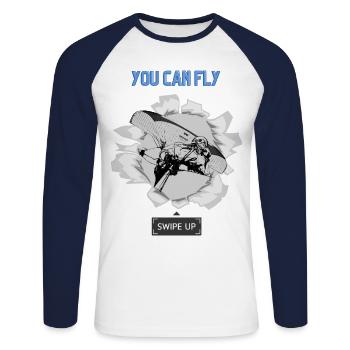 You can Fly, swipe up - Unisex Long Sleeve Baseball T-Shirt - white/navy - Front - Nik (191cm)