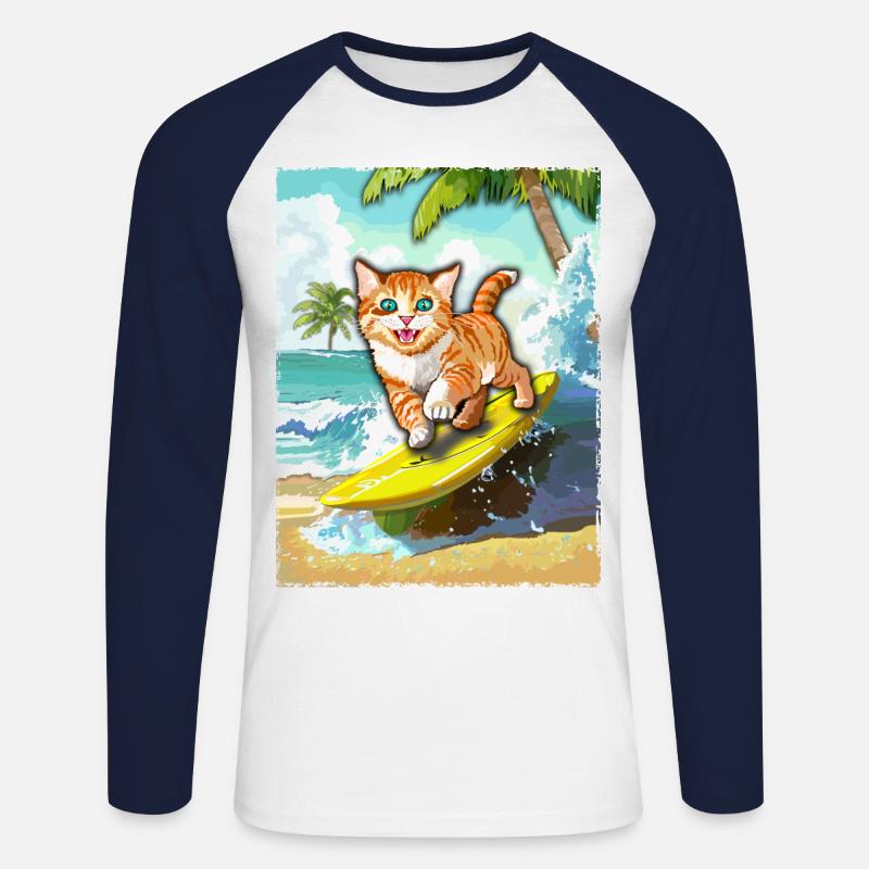 surfende Katze - Katze Surfbrett - Unisex Baseballshirt langarm - Weiß/Navy
