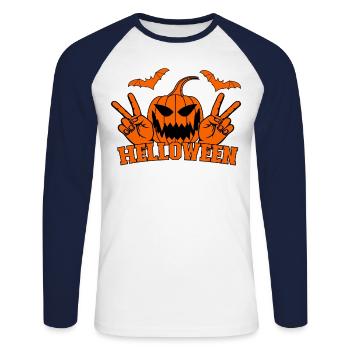 Helloween Frieden Victory Hand Symbol Fledermaus - Unisex Baseballshirt langarm - Weiß/Navy - Vorne - Nik (191cm)