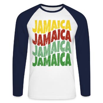Nice souvenir gift idea from Jamaica - Unisex Long Sleeve Baseball T-Shirt - white/navy - Front - Nik (191cm)
