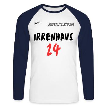 Irrenhaus 24. - Unisex Baseballshirt langarm - Weiß/Navy - Vorne - Nik (191cm)