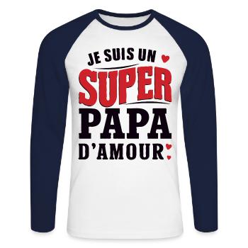 idée cadeau je suis un super papa d'amour - T-shirt baseball manches longues Homme - blanc/marine - Devant - Nik (191cm)