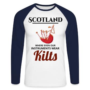 Bagpipe Player Instrument Scottish Scotland Music - Unisex Long Sleeve Baseball T-Shirt - white/navy - Front - Nik (191cm)