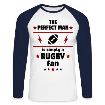 The perfect man is simply a rugby fan - Unisex Long Sleeve Baseball T-Shirt - white/navy - Front - Nik (191cm)