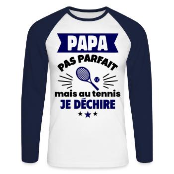 Papa pas parfait, mais au tennis je déchire - T-shirt baseball manches longues Homme - blanc/marine - Devant - Nik (191cm)