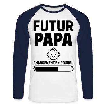 Annonce grossesse Futur papa Bientôt père - T-shirt baseball manches longues Homme - blanc/marine - Devant - Nik (191cm)
