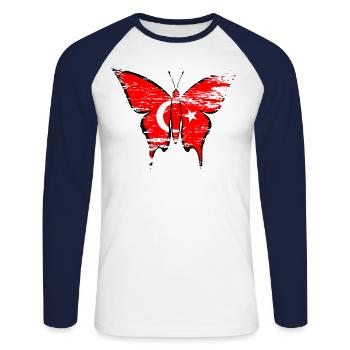 Drapeau de la Turquie papillon utilisé - T-shirt baseball manches longues Homme - blanc/marine - Devant - Nik (191cm)