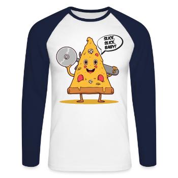 Tranche tranche de morceaux de pizza bébé - T-shirt baseball manches longues Homme - blanc/marine - Devant - Nik (191cm)