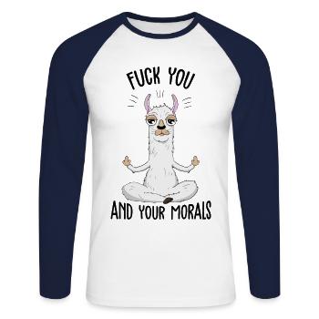 Fuck You and your Morals Lama Llama middle finger - Unisex Long Sleeve Baseball T-Shirt - white/navy - Front - Nik (191cm)