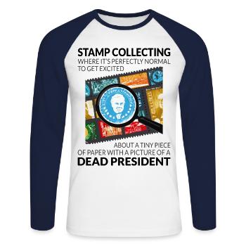 Philatéliste collectionneur collectionneur de timbres - T-shirt baseball manches longues Homme - blanc/marine - Devant - Nik (191cm)