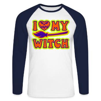 J’aime ma sorcière sorcière Halloween hommes femmes - T-shirt baseball manches longues Homme - blanc/marine - Devant - Nik (191cm)