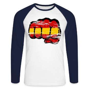 Spanien Flagge Hand Faust used - Unisex Baseballshirt langarm - Weiß/Navy - Vorne - Nik (191cm)