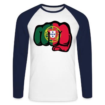Portugal Flagge Hand Faust - Unisex Baseballshirt langarm - Weiß/Navy - Vorne - Nik (191cm)