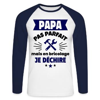 Papa pas parfait, mais en bricolage je déchire - T-shirt baseball manches longues Homme - blanc/marine - Devant - Nik (191cm)