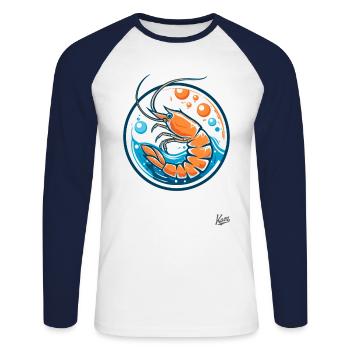 Ozeanwellen und Blubberblasen: Garnele mit Stil - Unisex Baseballshirt langarm - Weiß/Navy - Vorne - Nik (191cm)