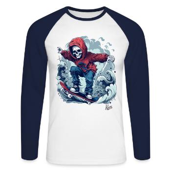 Cool skater skeleton skateboarding in the sky - Unisex Long Sleeve Baseball T-Shirt - white/navy - Front - Nik (191cm)