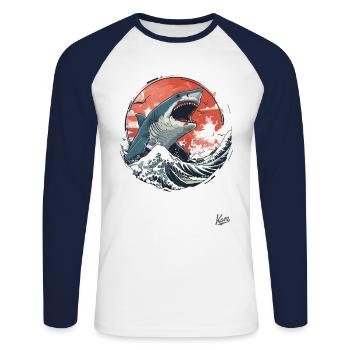 Great white shark on white waves - Unisex Long Sleeve Baseball T-Shirt - white/navy - Front - Nik (191cm)