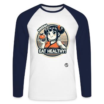 Cheerful healthy cartoon girl with fruit - Unisex Long Sleeve Baseball T-Shirt - white/navy - Front - Nik (191cm)