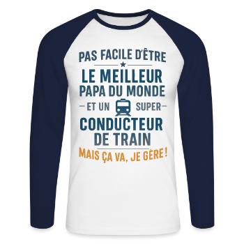 Super Papa Conducteur de train cheminot - T-shirt baseball manches longues Homme - blanc/marine - Devant - Nik (191cm)