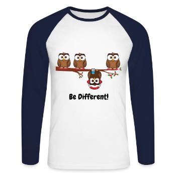 Be different - Süßes Eulen Fun Vogel Geschenk süß - Unisex Baseballshirt langarm - Weiß/Navy - Vorne - Nik (191cm)