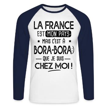 Bora Bora c est chez moi Cadeau humour Polynésie - T-shirt baseball manches longues Homme - blanc/marine - Devant - Nik (191cm)