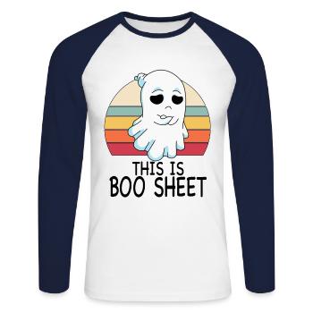 This is Boo Sheet Ghost Retro Halloween Costume - Unisex Long Sleeve Baseball T-Shirt - white/navy - Front - Nik (191cm)