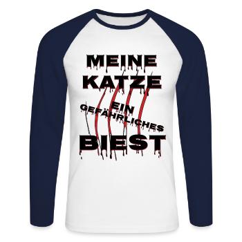 Meine Katze ein gefährliches Biest, Scherzdesign - Unisex Baseballshirt langarm - Weiß/Navy - Vorne - Nik (191cm)