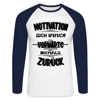 Motivation geh Vorwärts - Unisex Baseballshirt langarm - Weiß/Navy - Vorne - Nik (191cm)