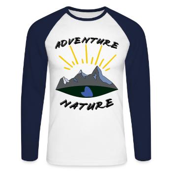 Adenture Nature, Aventure Nature, Camping - T-shirt baseball manches longues Homme - blanc/marine - Devant - Nik (191cm)