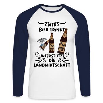 Wer Bier trinkt unterstützt die Landwirtschaft - Unisex Baseballshirt langarm - Weiß/Navy - Vorne - Nik (191cm)