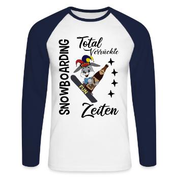 Snowboarding, verrückte Zeiten, Hase mit Snowboard - Unisex Baseballshirt langarm - Weiß/Navy - Vorne - Nik (191cm)