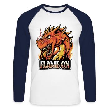Flamme an - Feuerdrache - Unisex Baseballshirt langarm - Weiß/Navy - Vorne - Nik (191cm)