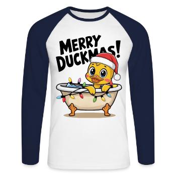 Duck Ducks Christmas Farmer Funny Merry Duckmas - Unisex Long Sleeve Baseball T-Shirt - white/navy - Front - Nik (191cm)