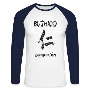 Bushido 3 - Unisex Baseballshirt langarm - Weiß/Navy - Vorne - Nik (191cm)