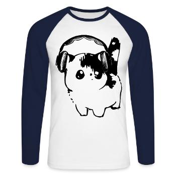 Chat avec écouteurs - T-shirt baseball manches longues Homme - blanc/marine - Devant - Nik (191cm)