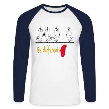 Soyez différent / oiseaux / dictons / tendance - T-shirt baseball manches longues Homme - blanc/marine - Devant - Nik (191cm)