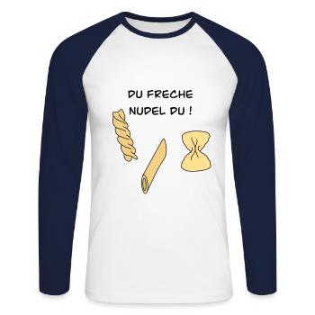 Du freche Nudel Du - Unisex Baseballshirt langarm - Weiß/Navy - Vorne - Nik (191cm)