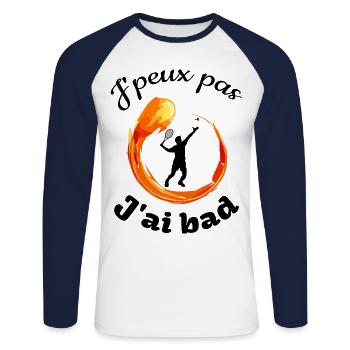 j'peux pas j'ai bad fond blanc badminton humour - T-shirt baseball manches longues Homme - blanc/marine - Devant - Nik (191cm)