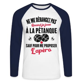 Cadeau Drôle Pour Amoureux De Pétanque Et Apéro - T-shirt baseball manches longues Homme - blanc/marine - Devant - Nik (191cm)