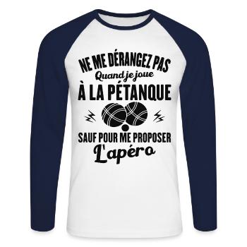 Cadeau Drôle Pour Amoureux De Pétanque Et Apéro - T-shirt baseball manches longues Homme - blanc/marine - Devant - Nik (191cm)