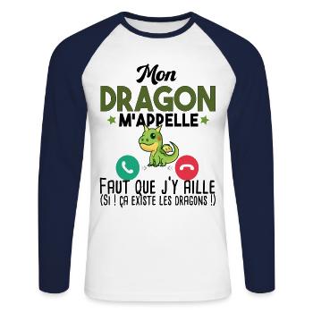 Dragon Mythe Animal Prince Princesse Magie Humour - T-shirt baseball manches longues Homme - blanc/marine - Devant - Nik (191cm)