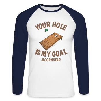 Votre trou est mon objectif cornstar cornhole sport - T-shirt baseball manches longues Homme - blanc/marine - Devant - Nik (191cm)