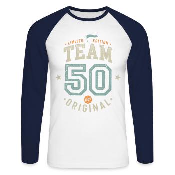 Team 50 - 100% Original / Limited Edition - Unisex Long Sleeve Baseball T-Shirt - white/navy - Front - Nik (191cm)